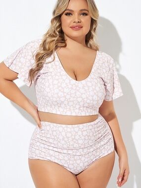 Floral Print V-neck Flutter Sleeve Bikini Top High Waist Bottom Size 2X